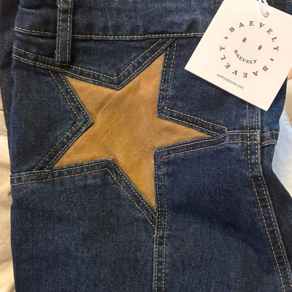 BAELEVY NWT faux dude star flare pants -blue/tan -large - Picture 8 of 10